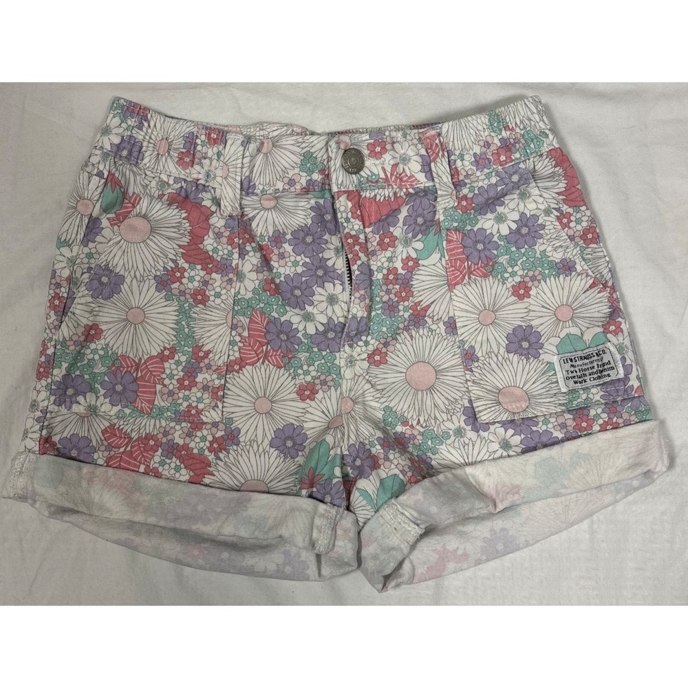 Levi's Girls High Rise Shorts White Pink Floral Stretch Elastic Waist Casual 10
